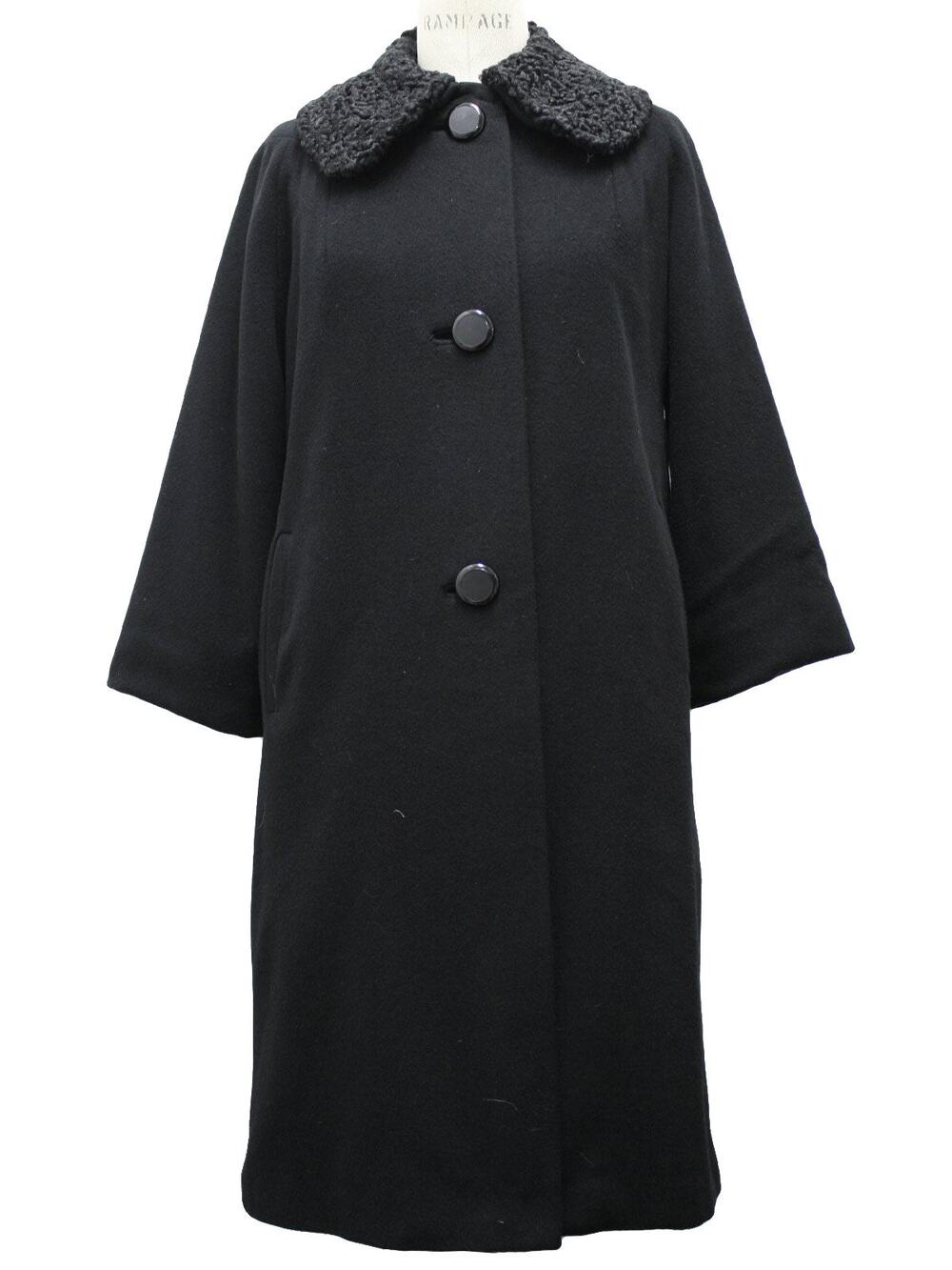 Vintage 1960s Black Cashmere Trench Coat Women's Medium Persian Lamb Collar